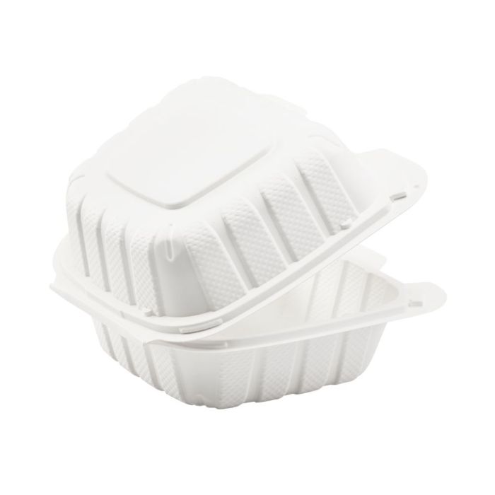 Six compartment disposable plastic plate with transparent lid.