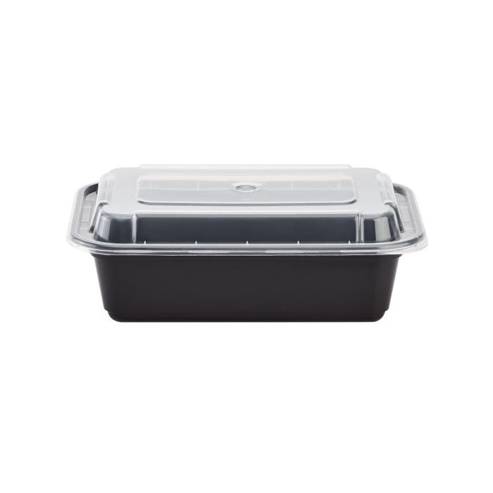 Plastic To-Go Containers And Lids - Rectangle - Black With Clear Lid -  24oz. - 100 Count Box